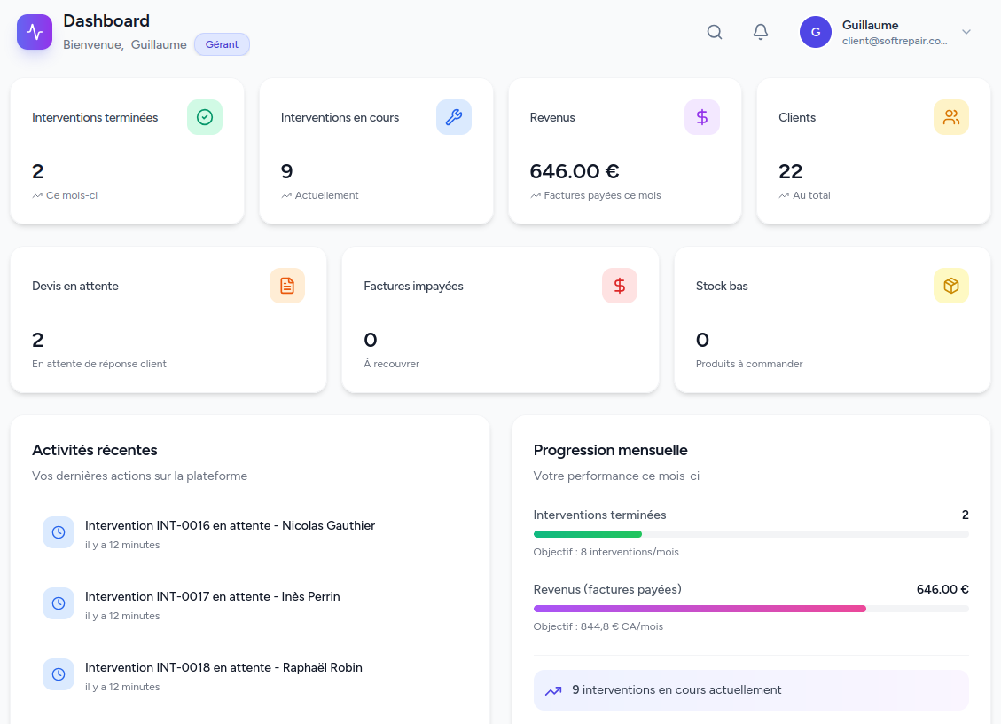 Tableau de bord SoftRepair